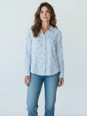 Denim & Co. Heart Print Button Front Shirt